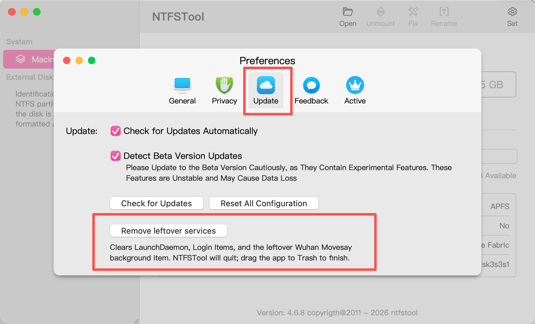 Settings → Update → Remove leftover services