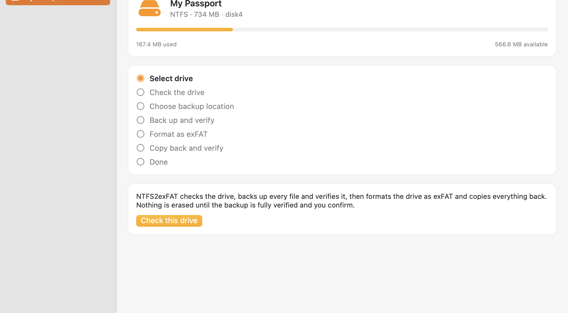 NTFS 드라이브 My Passport가 선택된 NTFS2exFAT 창